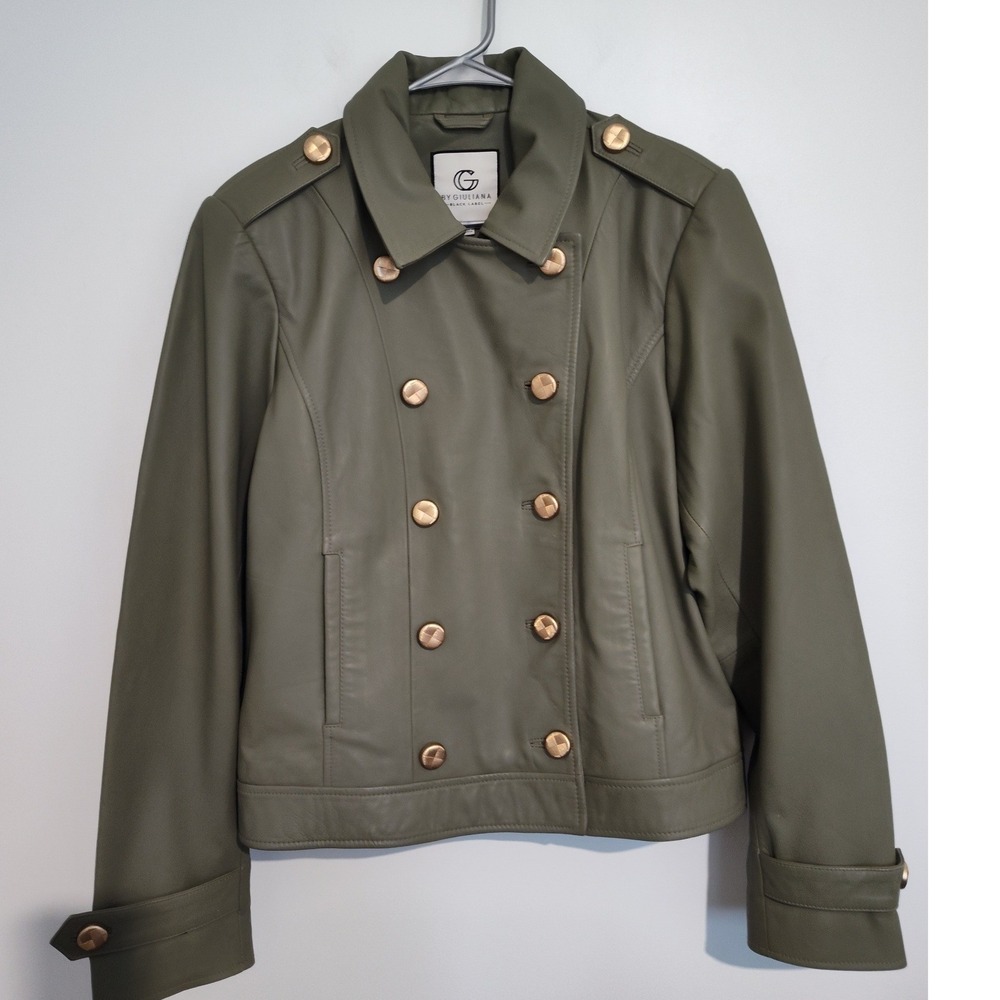 G by Giuliana Black Label Olive Green Leather Double Breasted Jacket 83708 XL